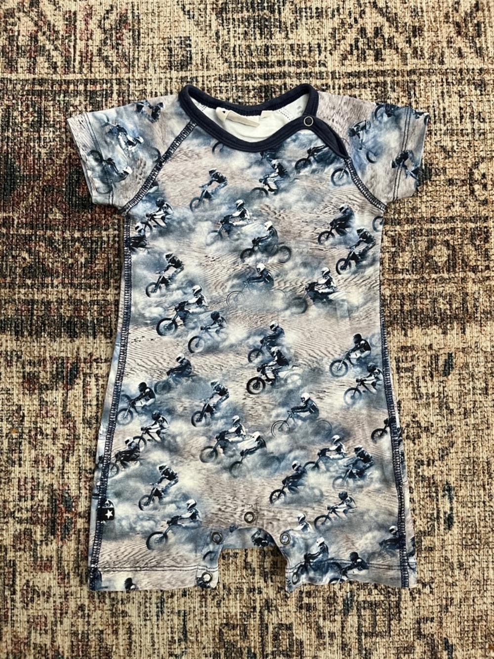 Molo Navy and Light Blue Motorcycle Print Romper